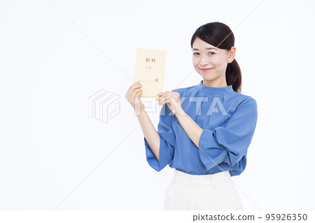 A business woman in her thirties with a smile and a salary bag A business woman in her thirties with a smile and a salary bag 95926350