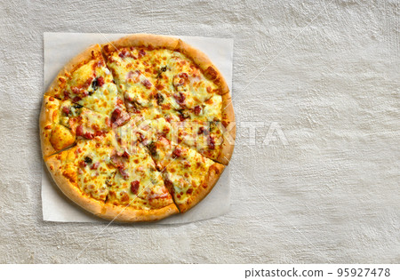 Hot supreme pizza at white stone concrete background texture with copy space. Flat lay, top view Hot supreme pizza at white stone concrete background texture with copy space. Flat lay, top view 95927478