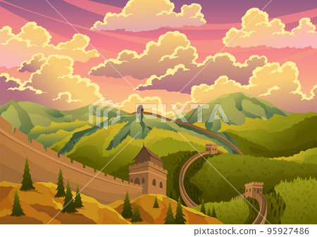 Great chinese wall landscape with watchtowers and wall sections on green mountains for travel or tourism. Chinese prominent sight, monumental giant structure vector illustration Great chinese wall landscape with watchtowers and wall sections on green mountains for travel or tourism. Chinese prominent sight, monumental giant structure vector illustration 95927486