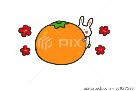 Illustration material of a rabbit hugging a mandarin orange (with plum blossom) 95927556