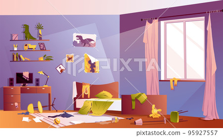 Messy boy bedroom. Room interior with scattered toys and dirtyon furniture cartoon vector illustration. Uncovered bed, clutter on desk, scattered clothes and toys. Terrible chaos 95927557