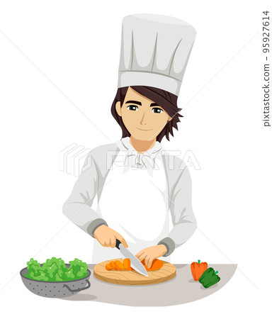 Teen Guy Chef Carrots Chopping Board Illustration 95927614