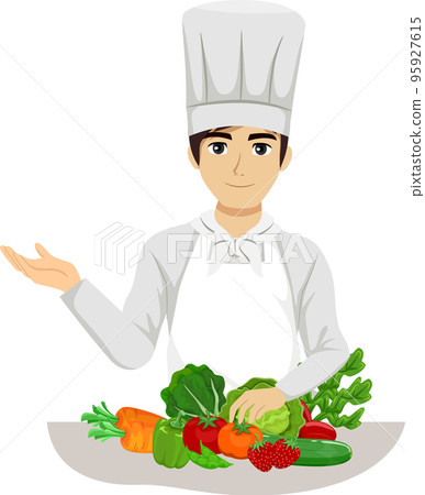 Teen Guy Chef Vegetables Talking Illustration Teen Guy Chef Vegetables Talking Illustration 95927615