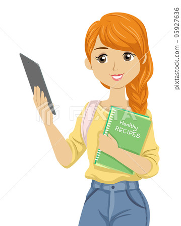 Teen Girl Book Tablet Healthy Recipes Illustration 95927636