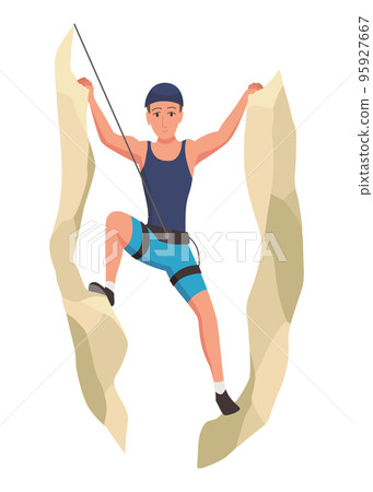 Mountain climbing person. Climber men on rock mountain with equipment. Extreme outdoor sports. Man overhang from rock 95927667