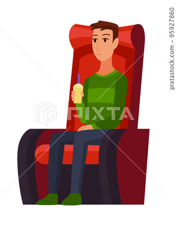 Cinema. Man sitting in chair at movie theater auditorium. Young male watching film or motion picture. Viewer or moviegoer. Flat cartoon vector illustration Cinema. Man sitting in chair at movie theater auditorium. Young male watching film or motion picture. Viewer or moviegoer. Flat cartoon vector illustration 95927860