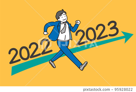 Illustration of a businessman walking energetically across the years from 2022 to 2023 95928022