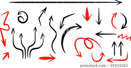 Mega set of different red and black hand-drawn arrows, ink, brush style, on white 95928262