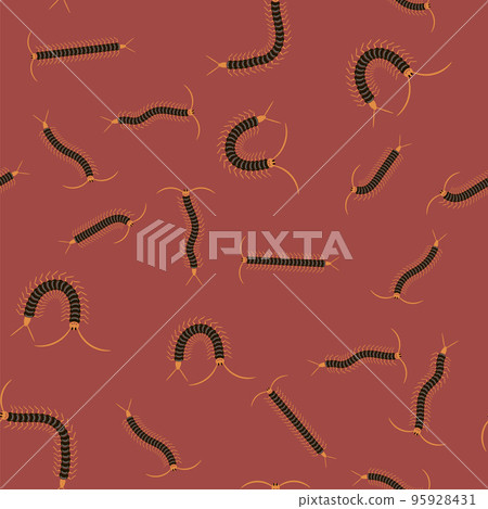 Black Cartoon Scolopendra Isolated on Red Background. Giant Sentipede Animal Icon Seamless Pattern Black Cartoon Scolopendra Isolated on Red Background. Giant Sentipede Animal Icon Seamless Pattern 95928431