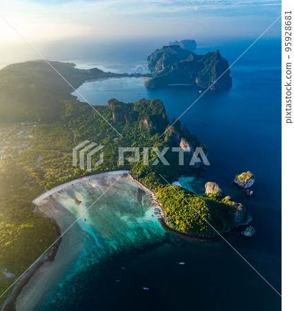 Aerial view of Loh Lana Bay at sunset in koh Phi Phi islands, Krabi, Thailand Aerial view of Loh Lana Bay at sunset in koh Phi Phi islands, Krabi, Thailand 95928681