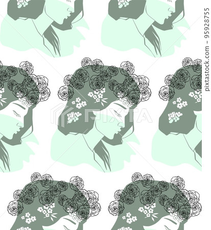 Profile of a girl and a wreath of roses, flat style seamless vector Profile of a girl and a wreath of roses, flat style seamless vector 95928755
