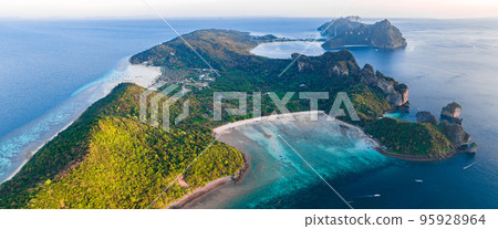 Aerial view of Loh Lana Bay at sunset in koh Phi Phi islands, Krabi, Thailand 95928964