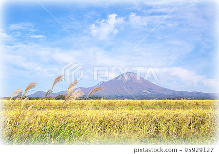 Golden rice ears and Daisen scenery (illustration style) in the harvest season Golden rice ears and Daisen scenery (illustration style) in the harvest season 95929127