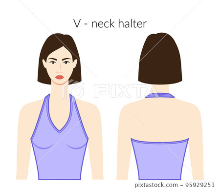 V - neckline halter clothes character beautiful lady in lavander top, shirt, dress technical fashion illustration V - neckline halter clothes character beautiful lady in lavander top, shirt, dress technical fashion illustration 95929251