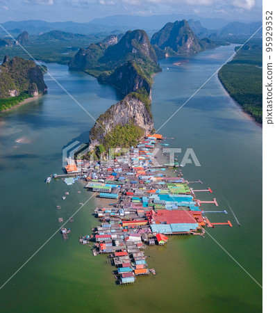 Aerial view of Ko Panyi or Koh Panyee muslim fishing village in Phang Nga Province, Thailand 95929352