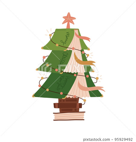 Christmas Stories concept. Green Christmas tree formed from books. Xmas symbol decorated with garland and star. Love reading creative metaphor. Vector flat hand drawn Illustration. 95929492