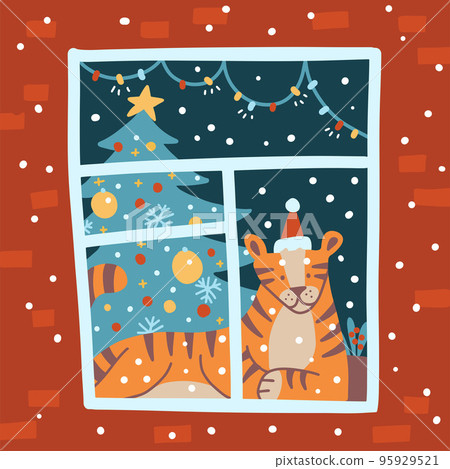 The symbol of 2022 year - Tiger - lies on a windowsill in a room with a Christmas tree. Outside view. Snowy weather outdoors. Vector flat hand drawn illustration 95929521