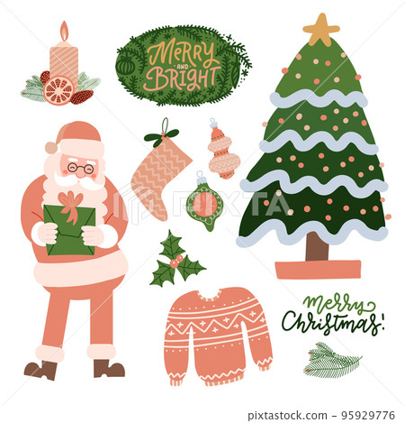 Set of Christmas decorations, holiday gifts, winter knitted woolen clothes, pine tree and Santa Claus character isolated on white background. Colorful vector illustration in flat cartoon style 95929776