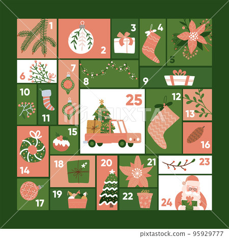 Christmas advent calendar template. Cute... - Stock Illustration [95929777]  - PIXTA