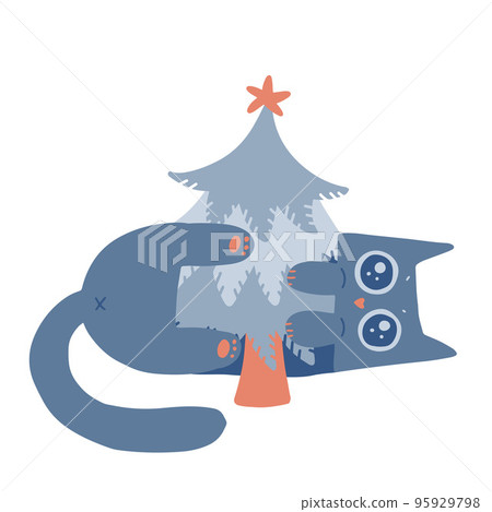 Lying cat hugging small Christmas tree. Naughty kitten. Freehand isolated element. Vector flat Illustration. Only 5 colors - Easy to recolor. Lying cat hugging small Christmas tree. Naughty kitten. Freehand isolated element. Vector flat Illustration. Only 5 colors - Easy to recolor. 95929798