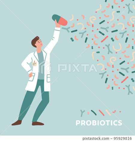 Young doctor holding Pharmacy pill with probiotics. Concept of dysbacteriosis, intestinal microflora, microbiome, microbiota, problems with digestion and immunity. Flat hand drawn Vector illustration. Young doctor holding Pharmacy pill with probiotics. Concept of dysbacteriosis, intestinal microflora, microbiome, microbiota, problems with digestion and immunity. Flat hand drawn Vector illustration. 95929816