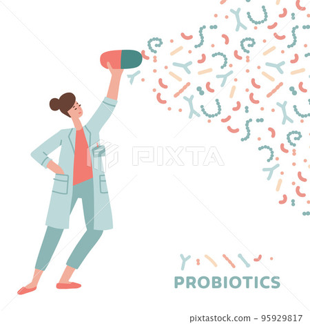 Female doctor holding probiotics capsule. Concept probiotic, dysbacteriosis, intestinal microflora, microbiome, microbiota, problems with digestion and immunity. Hand drawn flat vector illustration Female doctor holding probiotics capsule. Concept probiotic, dysbacteriosis, intestinal microflora, microbiome, microbiota, problems with digestion and immunity. Hand drawn flat vector illustration 95929817