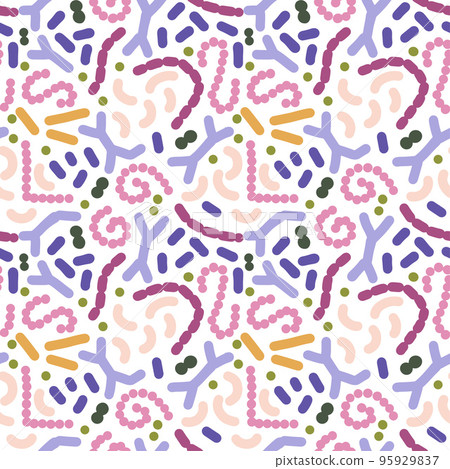 Seamless pattern with different probiotics. Flat simple vector illustration for Medicine or dietary supplements for gastrointestinal health. Bifidobacterium, lactobacillus, streptococcus thermophilus, Seamless pattern with different probiotics. Flat simple vector illustration for Medicine or dietary supplements for gastrointestinal health. Bifidobacterium, lactobacillus, streptococcus thermophilus, 95929837