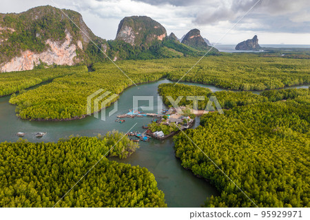 Aerial view of Samet Nangshe Viewpoint at sunset during rainy season, Phang Nga, Thailand 95929971