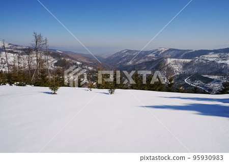 Panoramic Silesian Beskid on european Bialy Krzyz in Poland 95930983