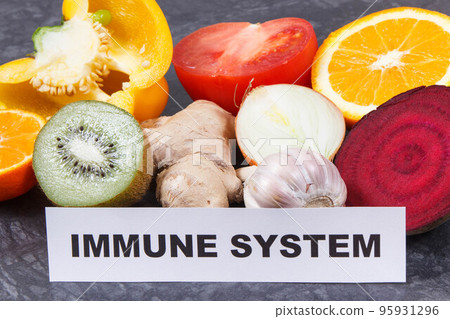 Inscription immune system with fruits and vegetables. Source vitamins, minerals and dietary fiber Inscription immune system with fruits and vegetables. Source vitamins, minerals and dietary fiber 95931296