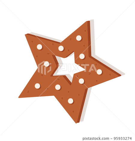 Christmas gingerbread in the form of a star. Delicious New Year's dessert, festive curly cookies with icing 95933274