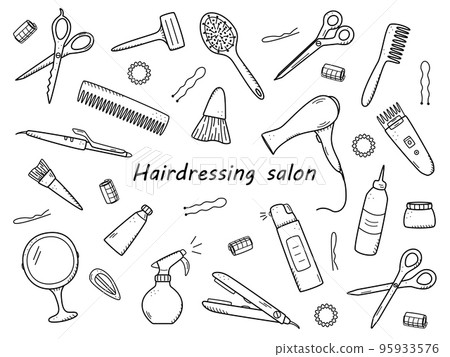 Hairdressing tool kit for beauty salon or home use. Vector illustration of doodle icons for self and hair care. Comb, razor, hair dryer, curling iron and other items 95933576