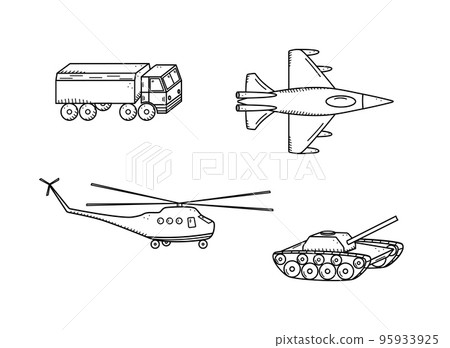 Military doodle icons. Vector illustration of a set of war transport and aviation. 95933925