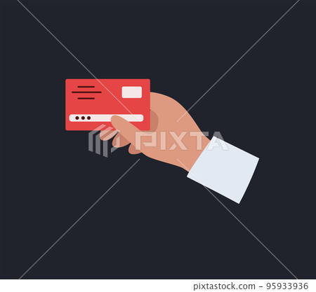 Hand holds a plastic bank card. Payment by credit card, purchase. Vector illustration in a flat style Hand holds a plastic bank card. Payment by credit card, purchase. Vector illustration in a flat style 95933936