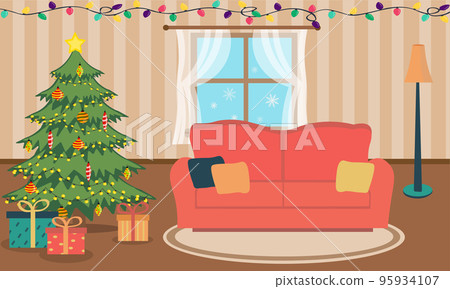 Christmas room interior. Christmas tree, gift and decoration. Flat style vector illustration. Christmas room interior. Christmas tree, gift and decoration. Flat style vector illustration. 95934107