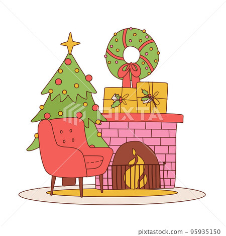 Cozy composition with fireplace, red armchair, christmas tree, wreath and pile gifts. Christmas background in groovy cartoon retro style. Vector linear illustration. Christmas decorated living room. Cozy composition with fireplace, red armchair, christmas tree, wreath and pile gifts. Christmas background in groovy cartoon retro style. Vector linear illustration. Christmas decorated living room. 95935150