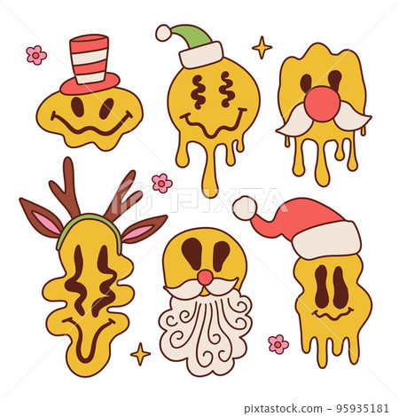 Set of New year groovy melting smile icons wearing Santa hat, horns and beard. Christmas hippie smiling emotion faces. Vector retro contour illustration. 95935181