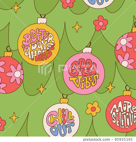 Christmas retro 30s squar cards with hippie greetings on decorative balls. Christmas tree with flowers and lettering quotes. 50s, 60s old style. Vintage comic vector illustration. Cheerful emotions. 95935191