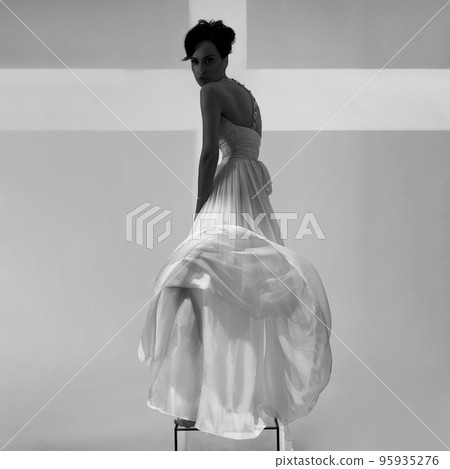 Beautiful young lady posing in a photo studio in a chic dress. S 95935276