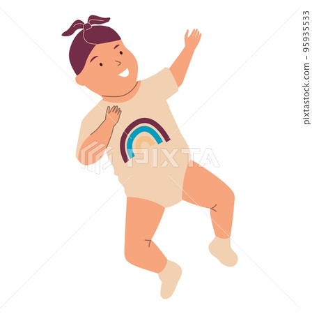Baby girl. Cartoon adorable newborn kid in diaper or bodysuit. Caucasian toddler lying down. Smiling happy infant. Human age. Little innocent child. Care of daughter. Vector illustration Baby girl. Cartoon adorable newborn kid in diaper or bodysuit. Caucasian toddler lying down. Smiling happy infant. Human age. Little innocent child. Care of daughter. Vector illustration 95935533