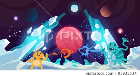 Alien background. Planet landscape. Martians battle. Extraterrestrial characters. Space exploration. Cosmos satellites. Galaxy panorama with crater and mountains. Vector illustration Alien background. Planet landscape. Martians battle. Extraterrestrial characters. Space exploration. Cosmos satellites. Galaxy panorama with crater and mountains. Vector illustration 95935534