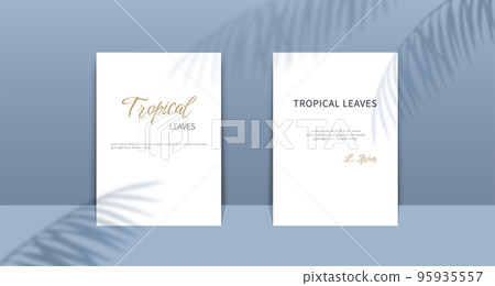 Plant shadow mockup, tropical leaf, card template. Overlay exotic leaves flyer, light summer realistic decor blur elements, a4 posters and prints. Floral backdrop. Vector background set 95935557