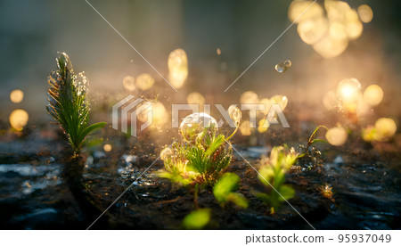 small green sprouts on forest floor backlit with sunlight rays, neural network generated art 95937049