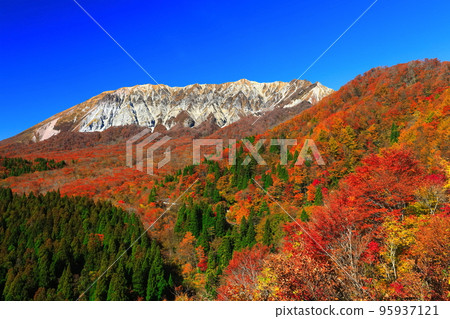 [Tottori Prefecture] Mt. Daisen in autumn colors seen from Kagikake Pass on a sunny day 95937121