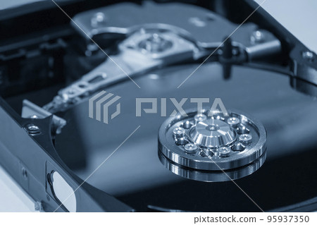 Close-up scene of the computer hard disk in the light blue scene. 95937350
