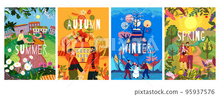 Seasonal posters. Family walking in nature. Happy couple in spring or summer city park. Autumn and winter seasons. Different weather. Trees and exact flowers. Vector cartoon design backgrounds set 95937576