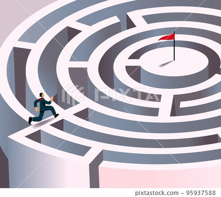 Business labyrinth. Maze goal concept. Manager character on path. Success skill. Men run in puzzle target. Leadership metaphor. Businessman strategy. Searching route. Vector cartoon tidy illustration Business labyrinth. Maze goal concept. Manager character on path. Success skill. Men run in puzzle target. Leadership metaphor. Businessman strategy. Searching route. Vector cartoon tidy illustration 95937588