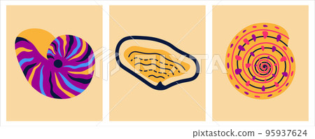 Cartoon shells. Summer ocean animals collection, marine habitats, aquarium decoration. Hand drawn seashell square cards. Bright colorful elements. Vector isolated set doodle treasure sea illustration Cartoon shells. Summer ocean animals collection, marine habitats, aquarium decoration. Hand drawn seashell square cards. Bright colorful elements. Vector isolated set doodle treasure sea illustration 95937624