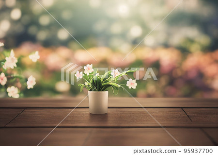 Empty wooden table in Sakura Flower Park with garden bokeh background. Product mockup template. 95937700