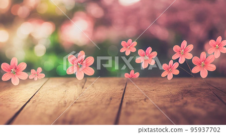 Empty wooden table in Sakura Flower Park with garden bokeh background. Product mockup template. 95937702